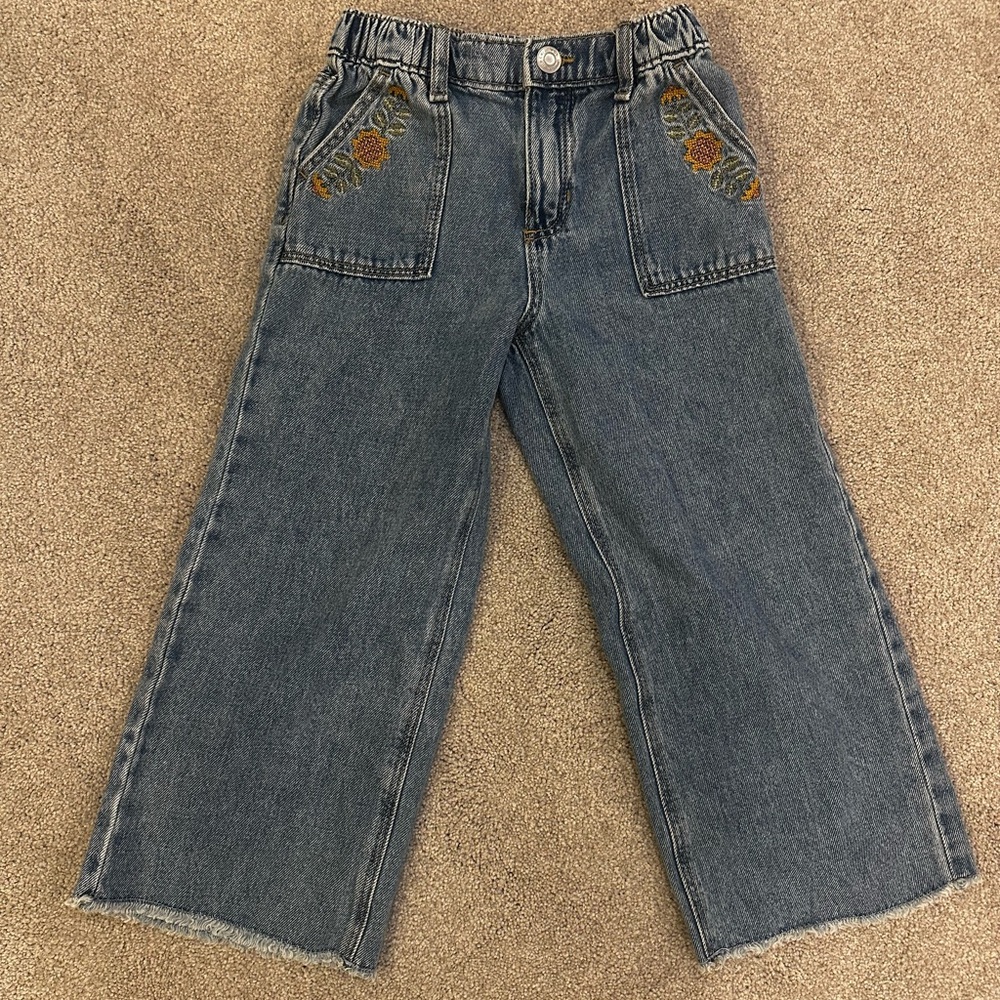 Girls Embroidered Blue Wide-Leg Jeans